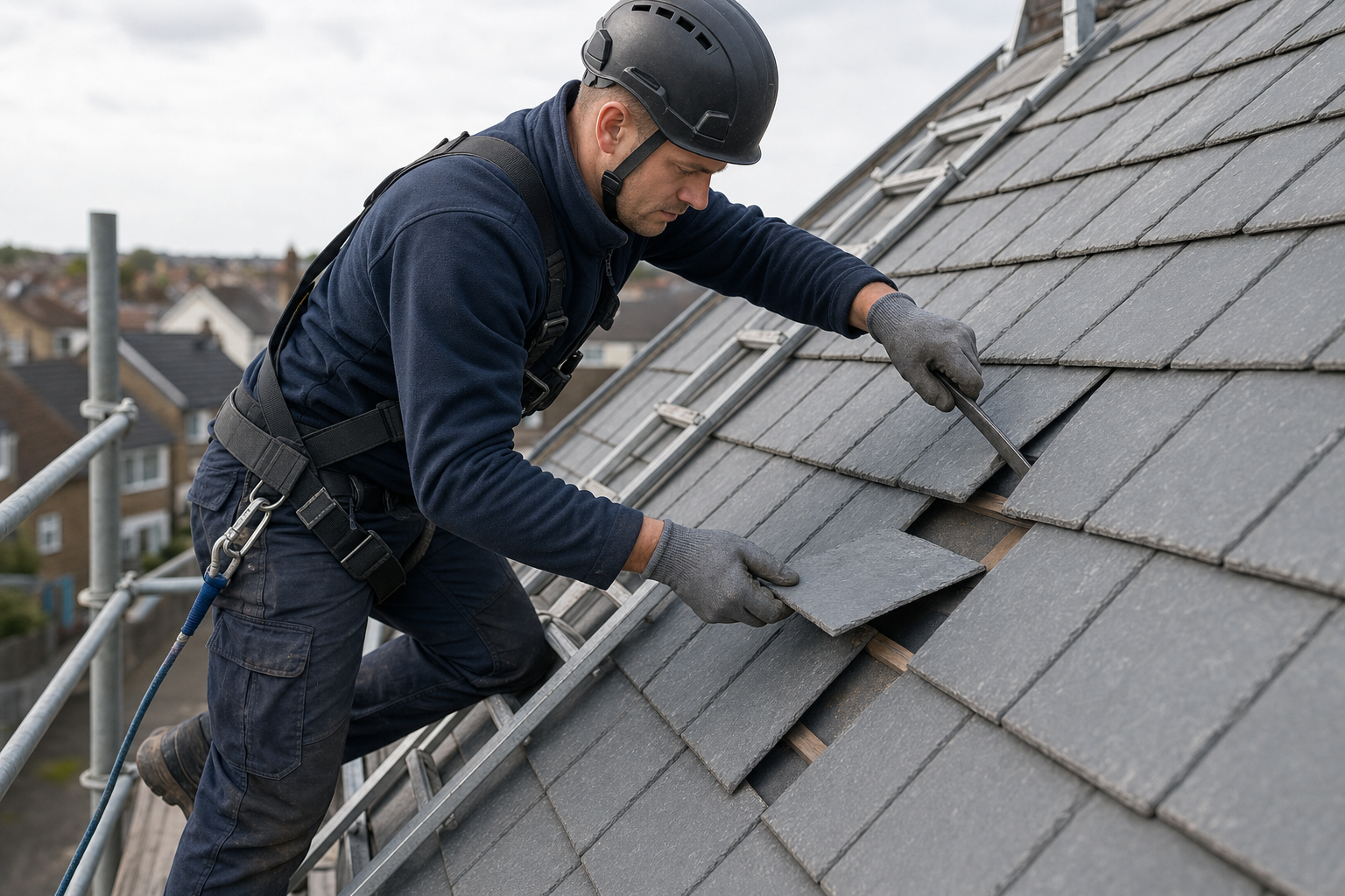 Roofer in safety gear installing slate tiles on a steep roof.