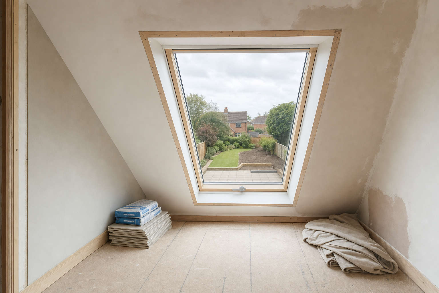 An unfinished attic room with a large skylight overlooking a garden, featuring folded blankets and a stack of floor materials.