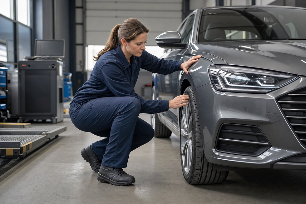 Mechanic in uniform inspects a tyre of a grey car in a garage setting.
