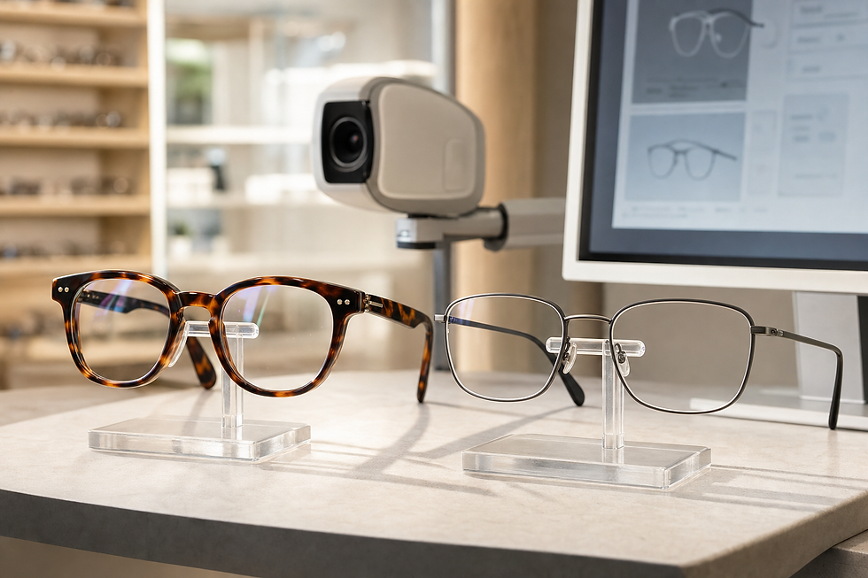 Two pairs of glasses on display in an optician's shop with a digital fitting system in the background.