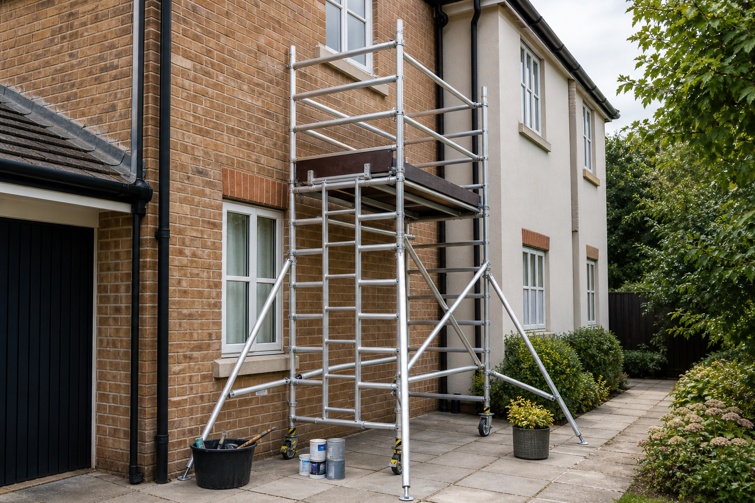 Scaffolding set up against a house's exterior wall with paint cans and tools nearby.