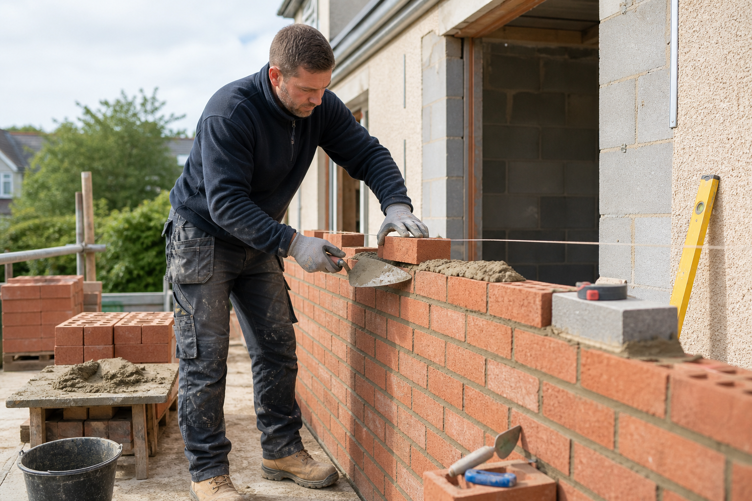 A construction worker carefully laying bricks to build a wall.