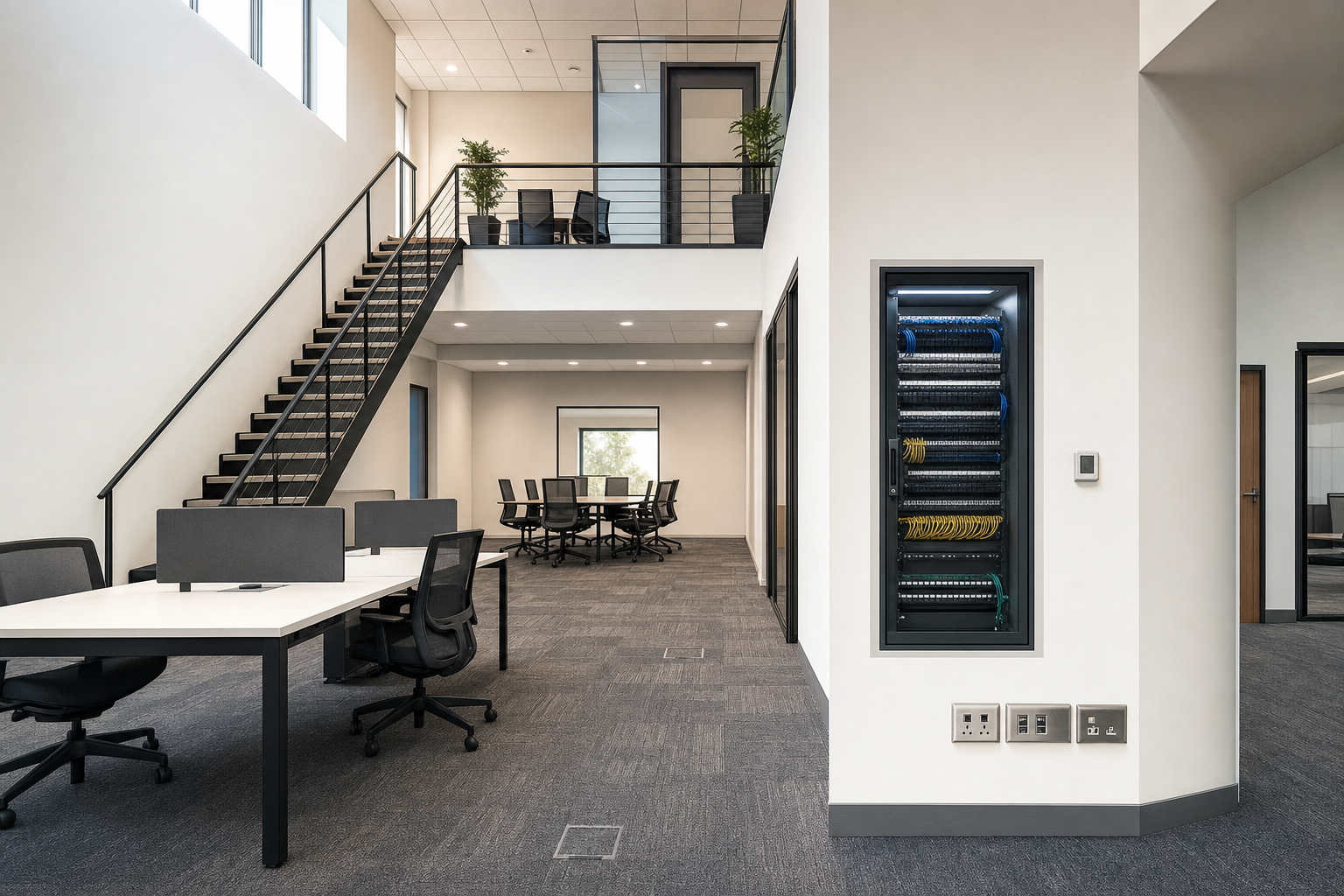 Modern office interior with open workspace, conference room, staircase, and visible network server cabinet.