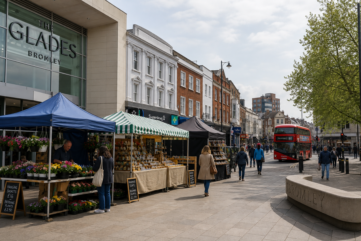 Street market in Bromley with flower and soap stalls, and a red double-decker bus on a tree-lined road.