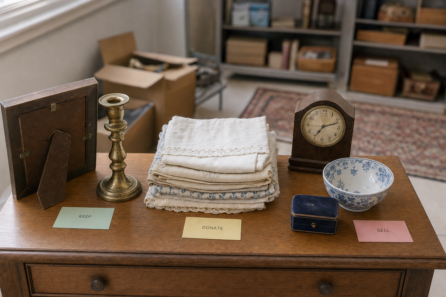 Antique items on a desk sorted into categories: keep, donate, and sell.