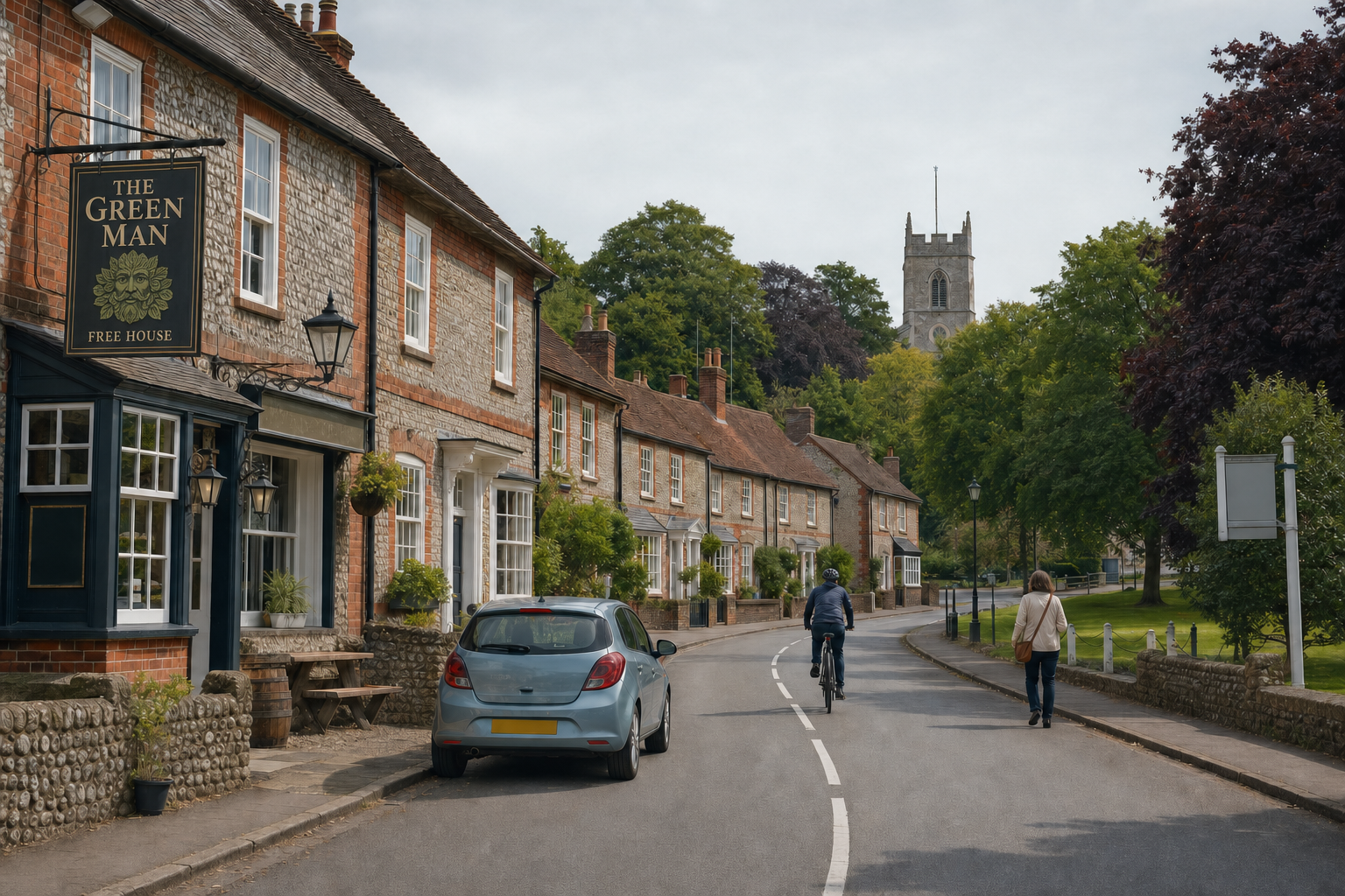 A cyclist and pedestrian navigate a charming village street with stone cottages and a pub named The Green Man.