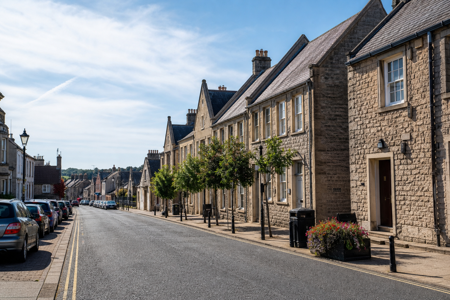 Quaint street with stone houses, lined with trees and parked cars under a clear blue sky.