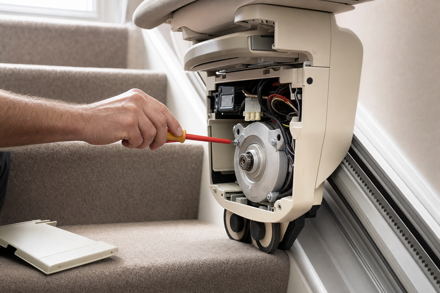 A person uses a screwdriver to repair a stairlift motor on a carpeted staircase.