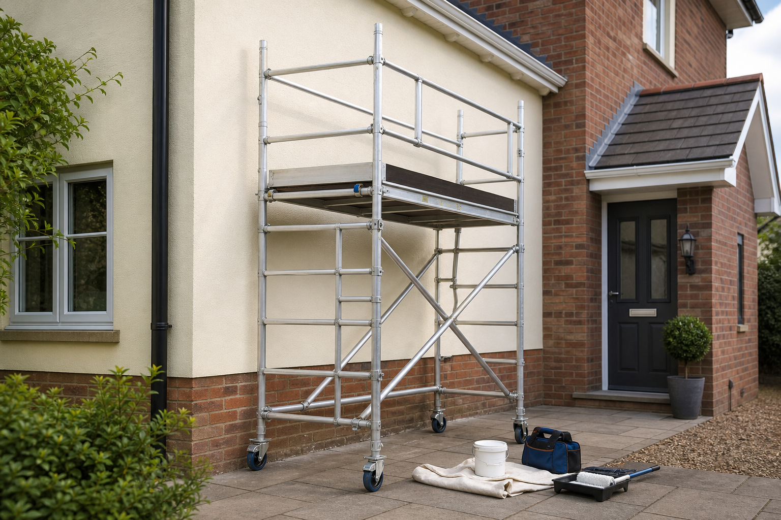 Scaffolding and painting supplies set up outside a brick house with a black door.