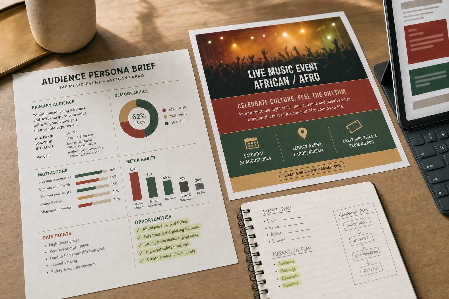 A live music event flyer and audience persona brief are displayed on a desk alongside a notebook and tablet.
