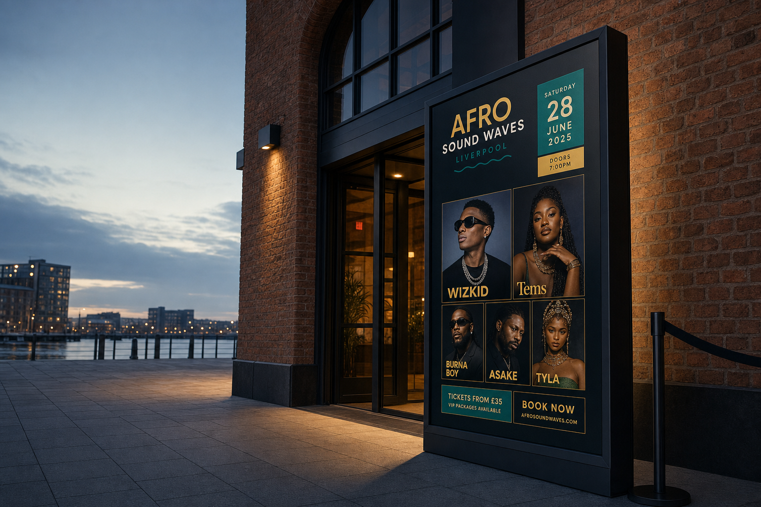 Concert poster for Afro Sound Waves in Liverpool featuring Wizkid, Tems, Burna Boy, Asake, and Tyla, set for 28 June 2025.