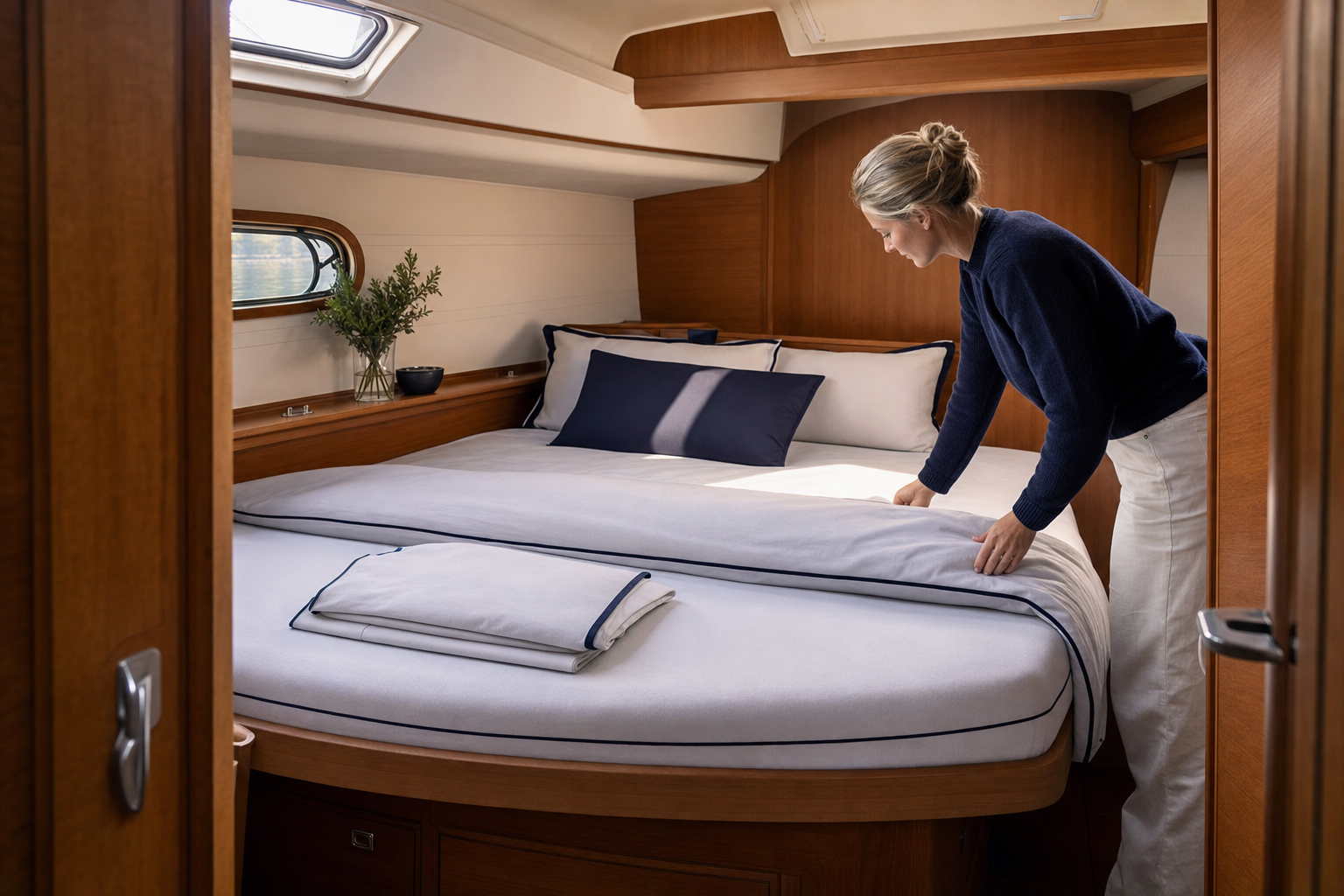 A person making a bed in a cosy wooden cabin with a window and a blue and white colour scheme.