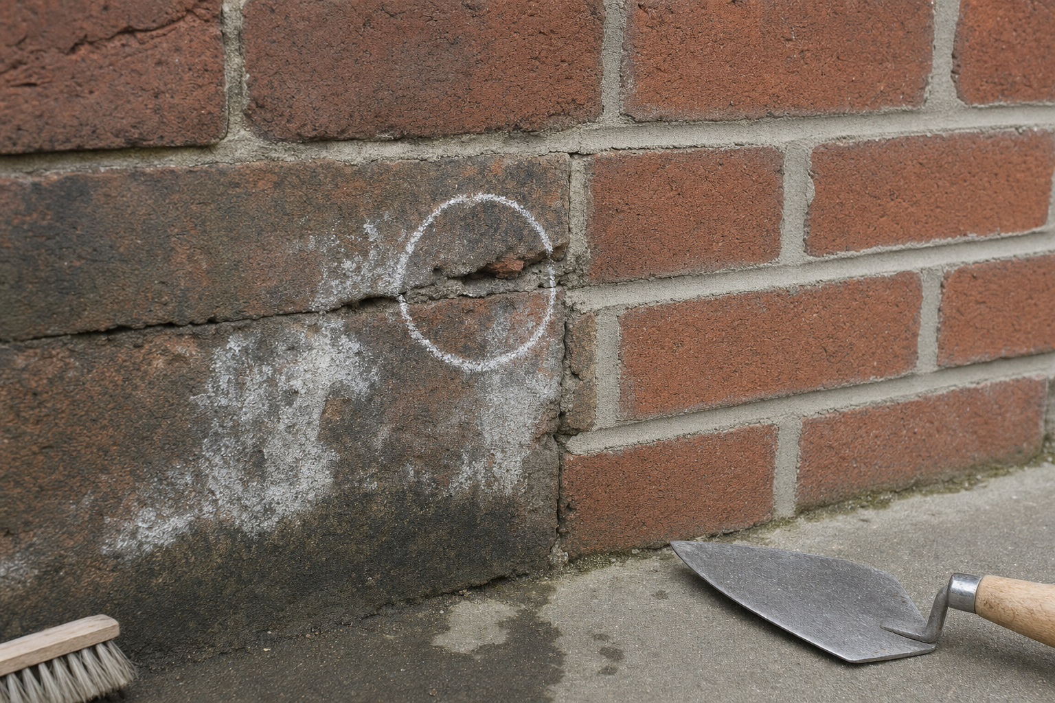 A cracked brick wall with a chalk circle highlighting damage, alongside a trowel and brush on the ground.