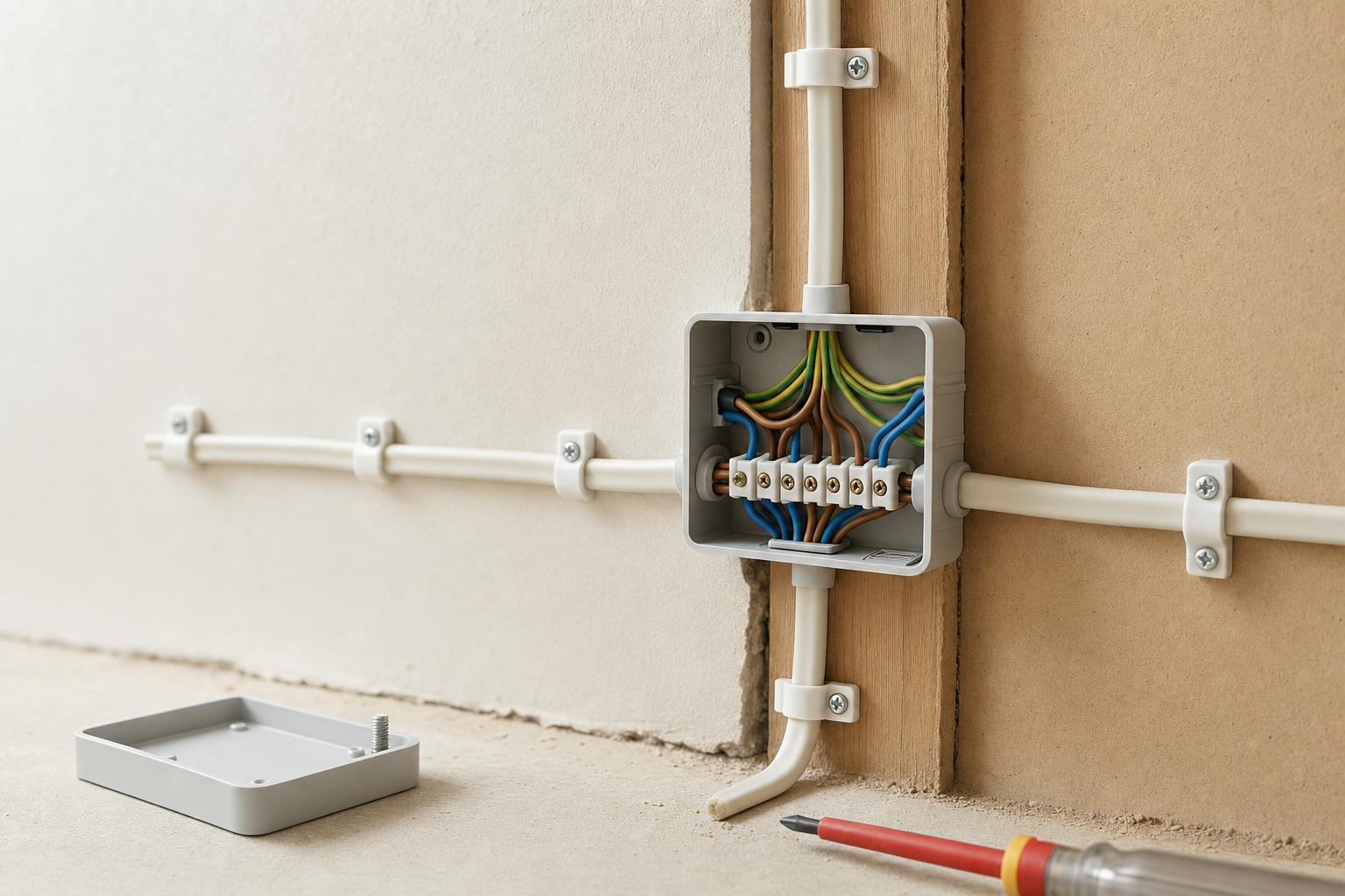 Open electrical junction box with exposed wires on a wall, next to a screwdriver and an unscrewed cover.