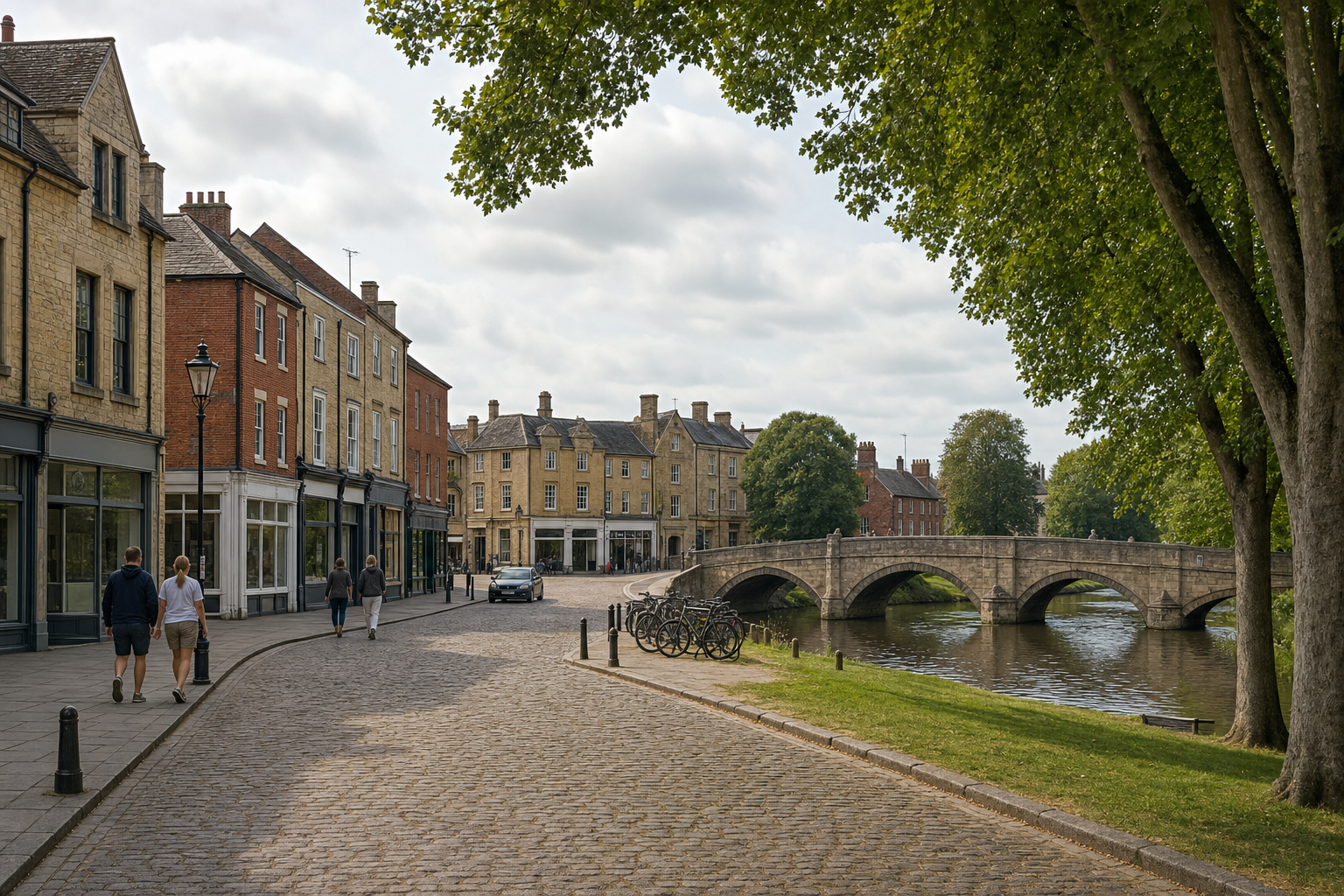 A quaint street with historic buildings and a stone bridge over a river, surrounded by trees and a few people walking.
