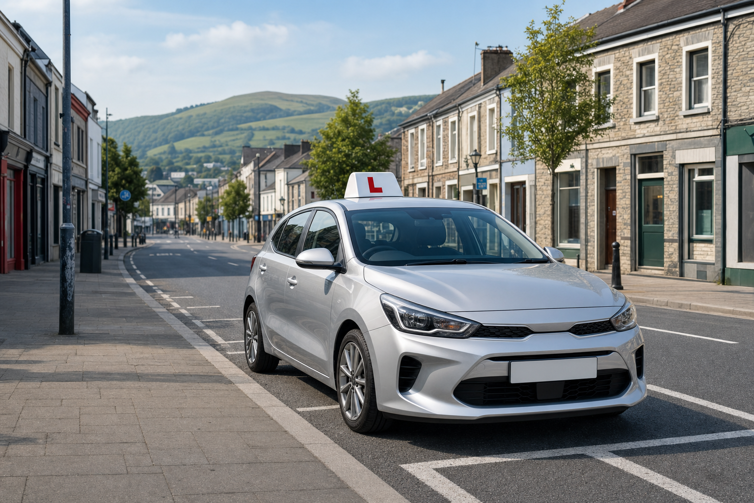 A silver learner driver car parked on a quiet street lined with stone buildings and hills in the background.