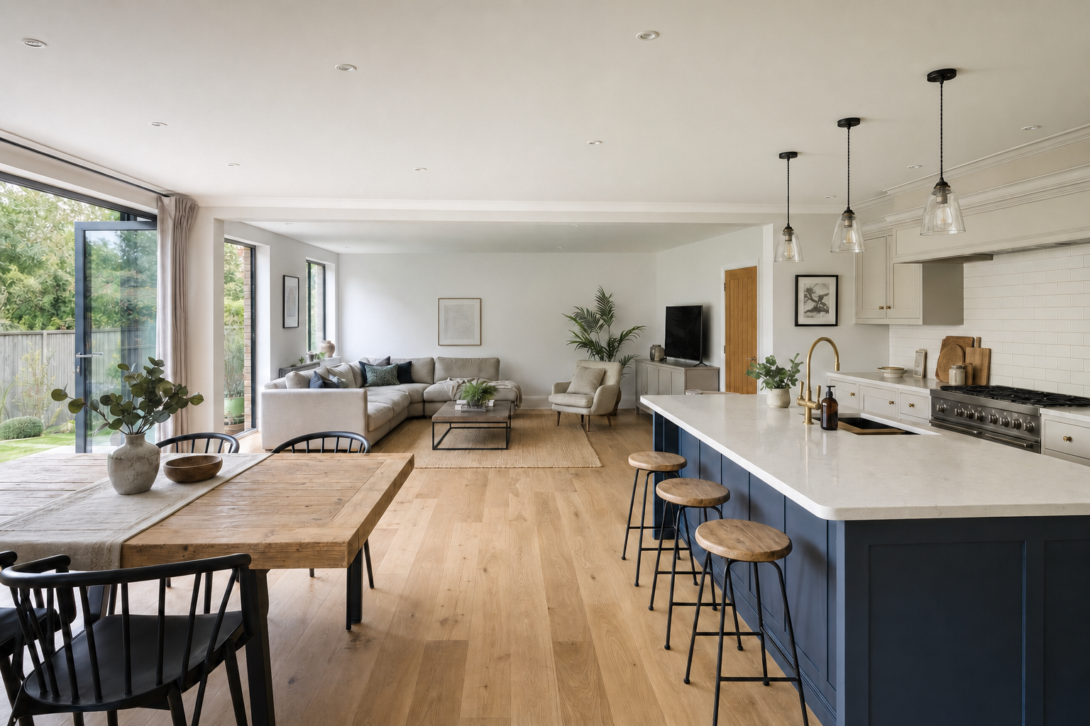 Spacious open-plan kitchen and living room with a large island, wooden dining table, and comfy sofa, overlooking a garden.