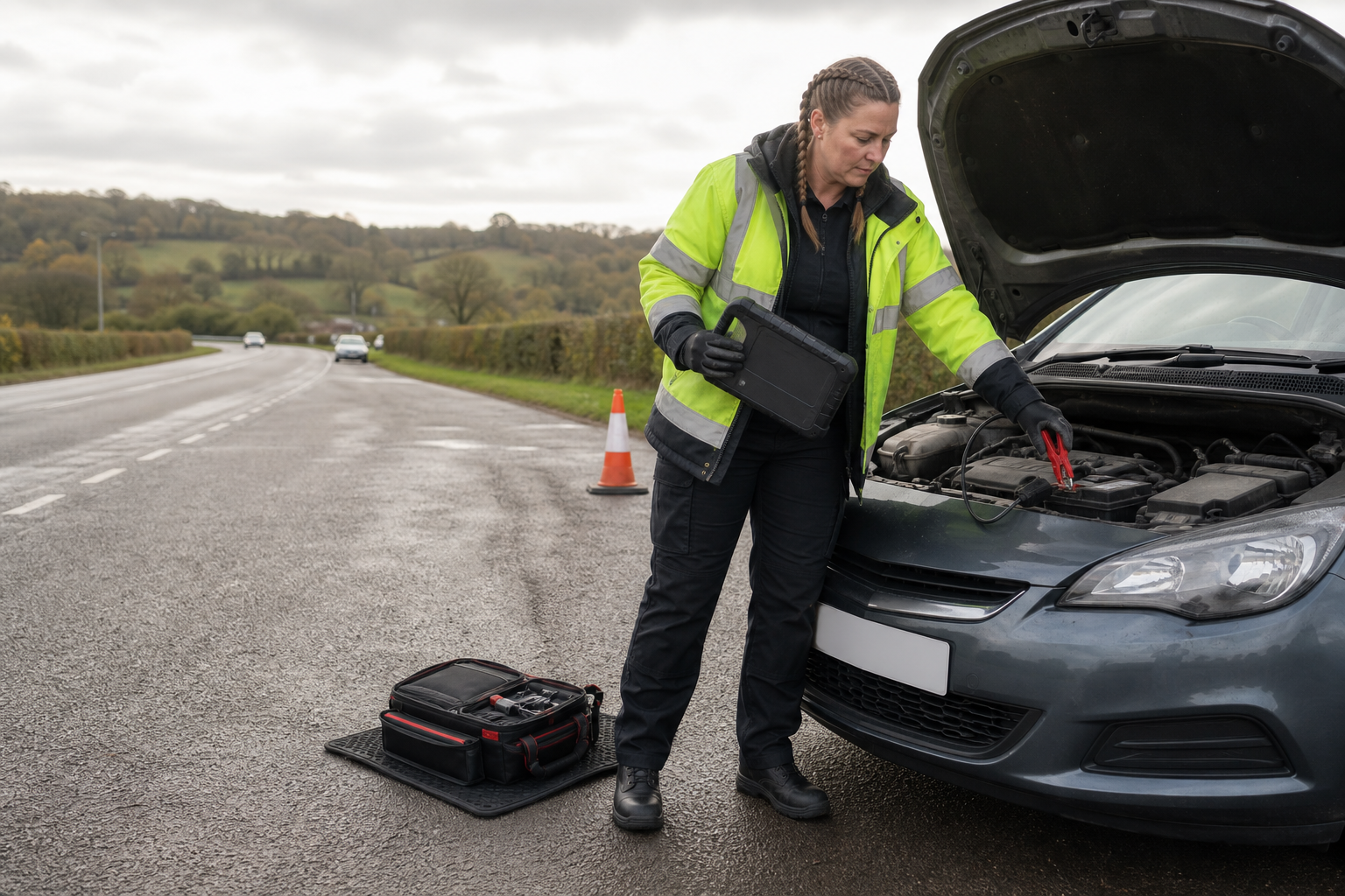 Mechanic wearing a high-visibility jacket jump-starts a car on a rural roadside.