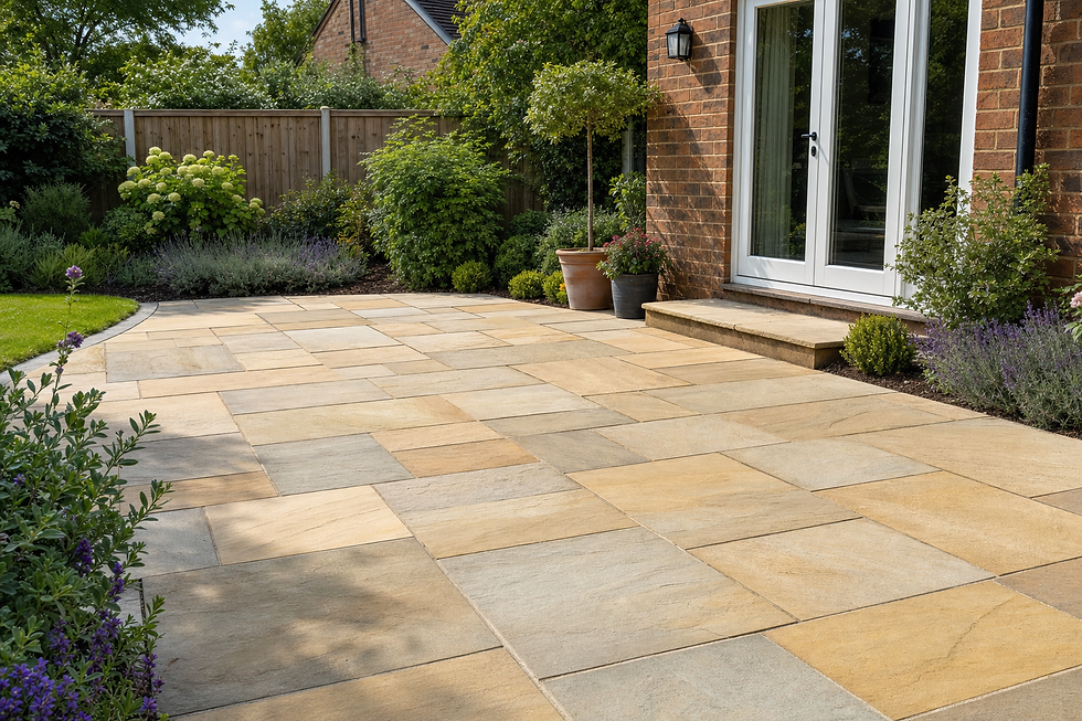 Garden patio with sandstone paving tiles, surrounded by potted plants and greenery near a brick house.