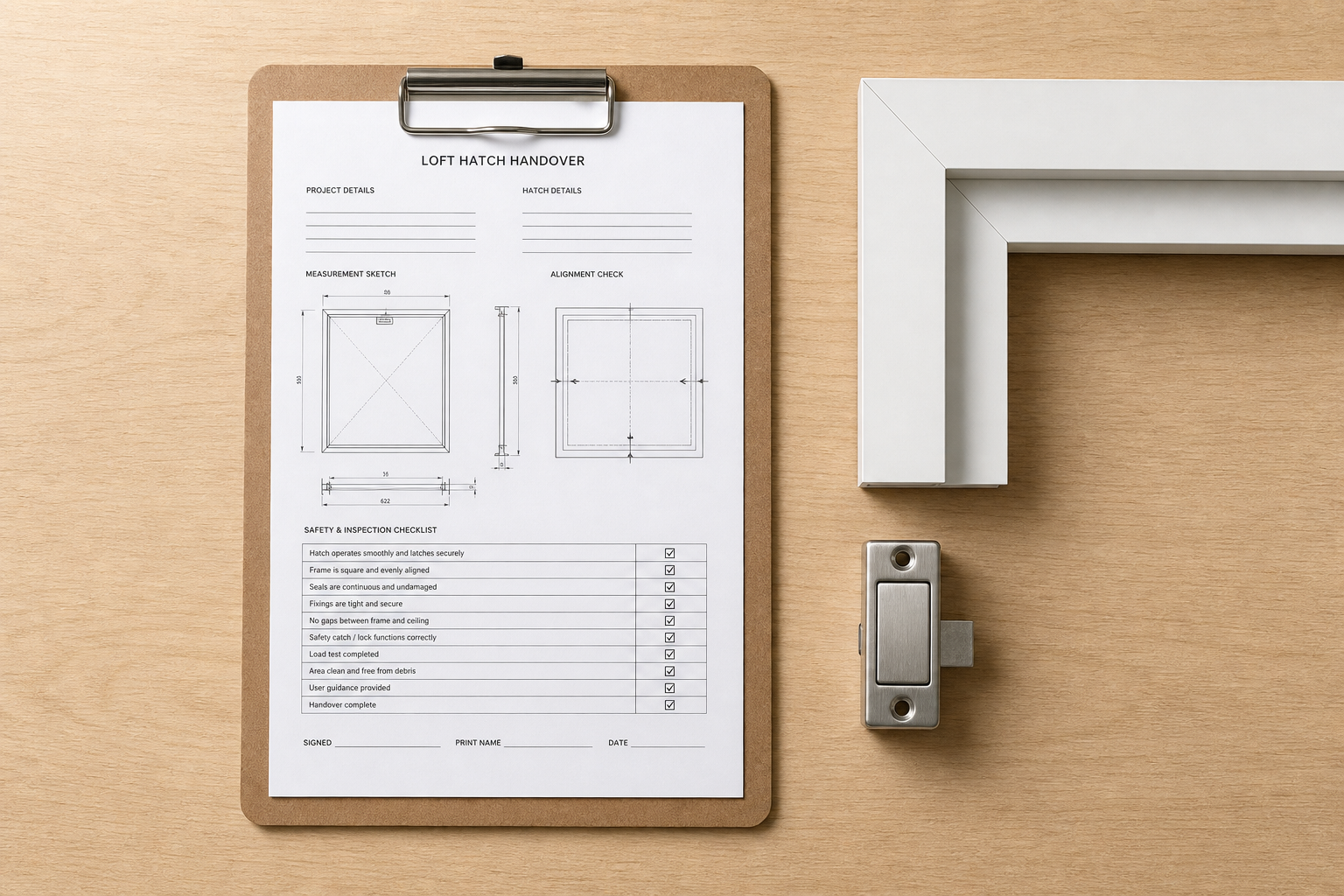 Loft hatch handover document on clipboard beside a white corner frame and latch, on a wooden surface.