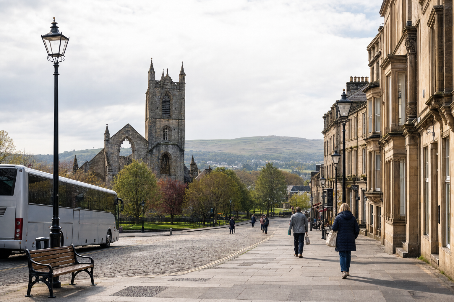 Street scene with people walking near historic buildings and a church, with a parked coach in the foreground.