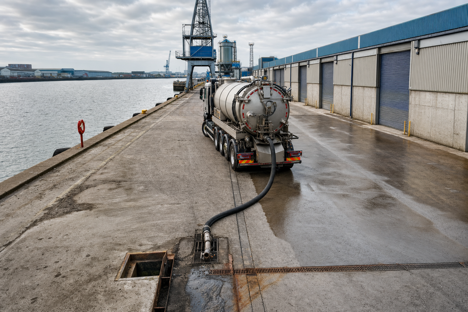 A lorry with a large tank and hose is parked on a quay, performing pumping operations into a drain near the waterfront.
