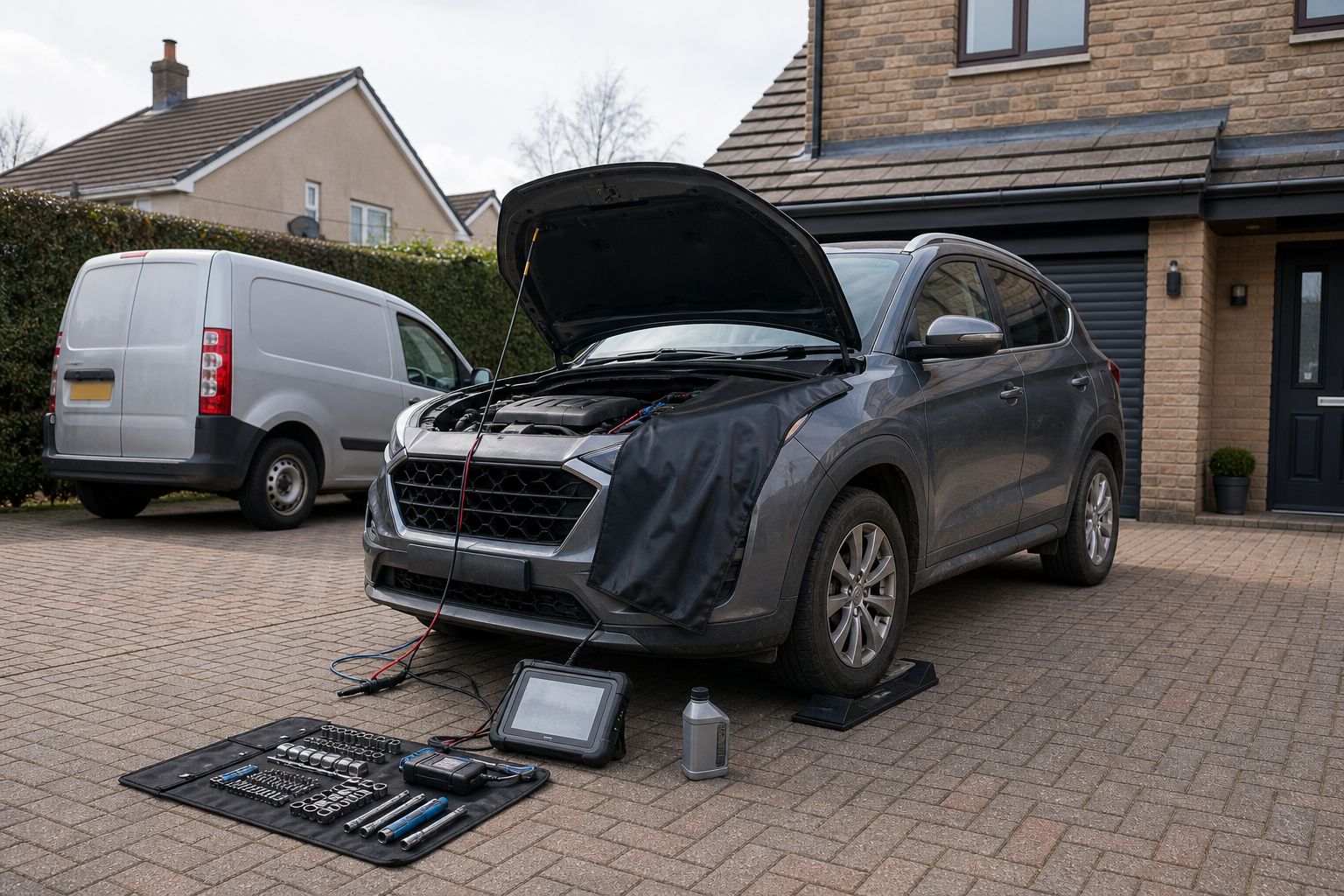 SUV with hood open on a driveway, surrounded by tools and diagnostic equipment.