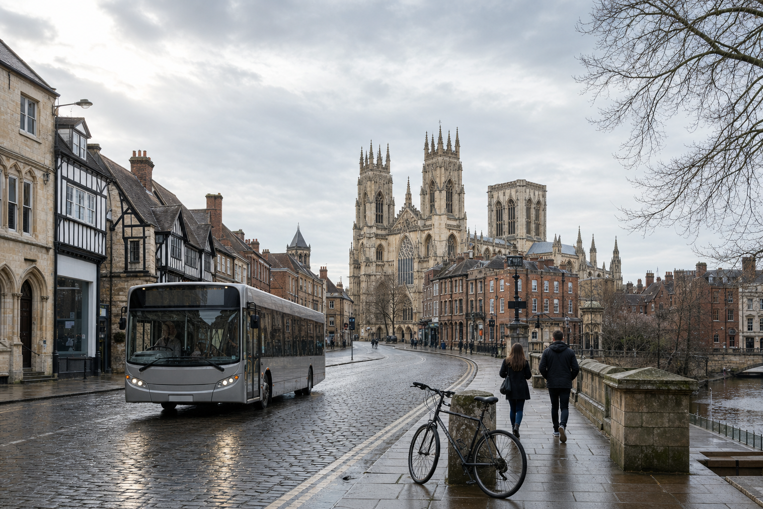 A bus travels along a cobbled street towards a historic cathedral, with people walking nearby and a bicycle parked by the road.