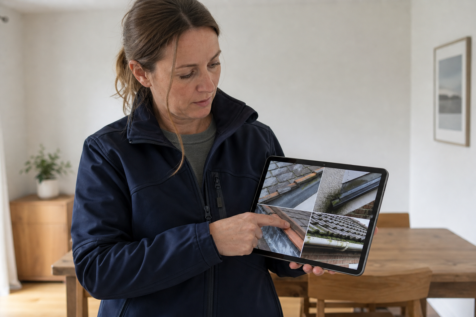 Woman holding a tablet displaying images of roof inspections, pointing to one of the photos indoors.
