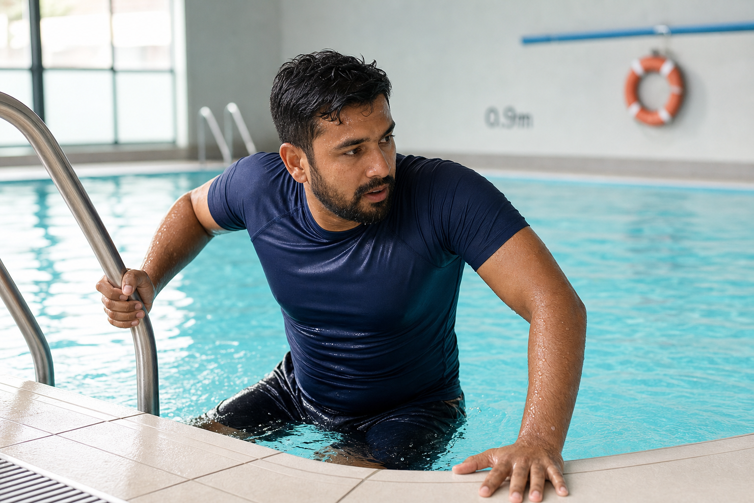 Man in a dark blue T-shirt climbing out of a swimming pool via metal steps.