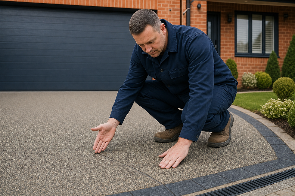 Man in blue overalls examining the surface of a decorative driveway in front of a brick house.