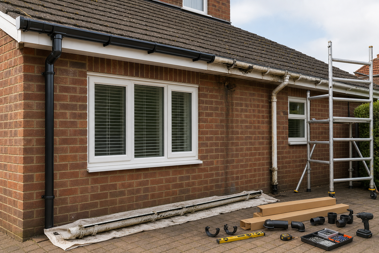 Brick house with scaffolding and various gutter installation tools laid out on the ground.