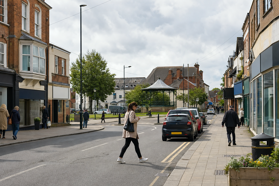 A woman crossing a street in a town centre with shops and a bandstand nearby.