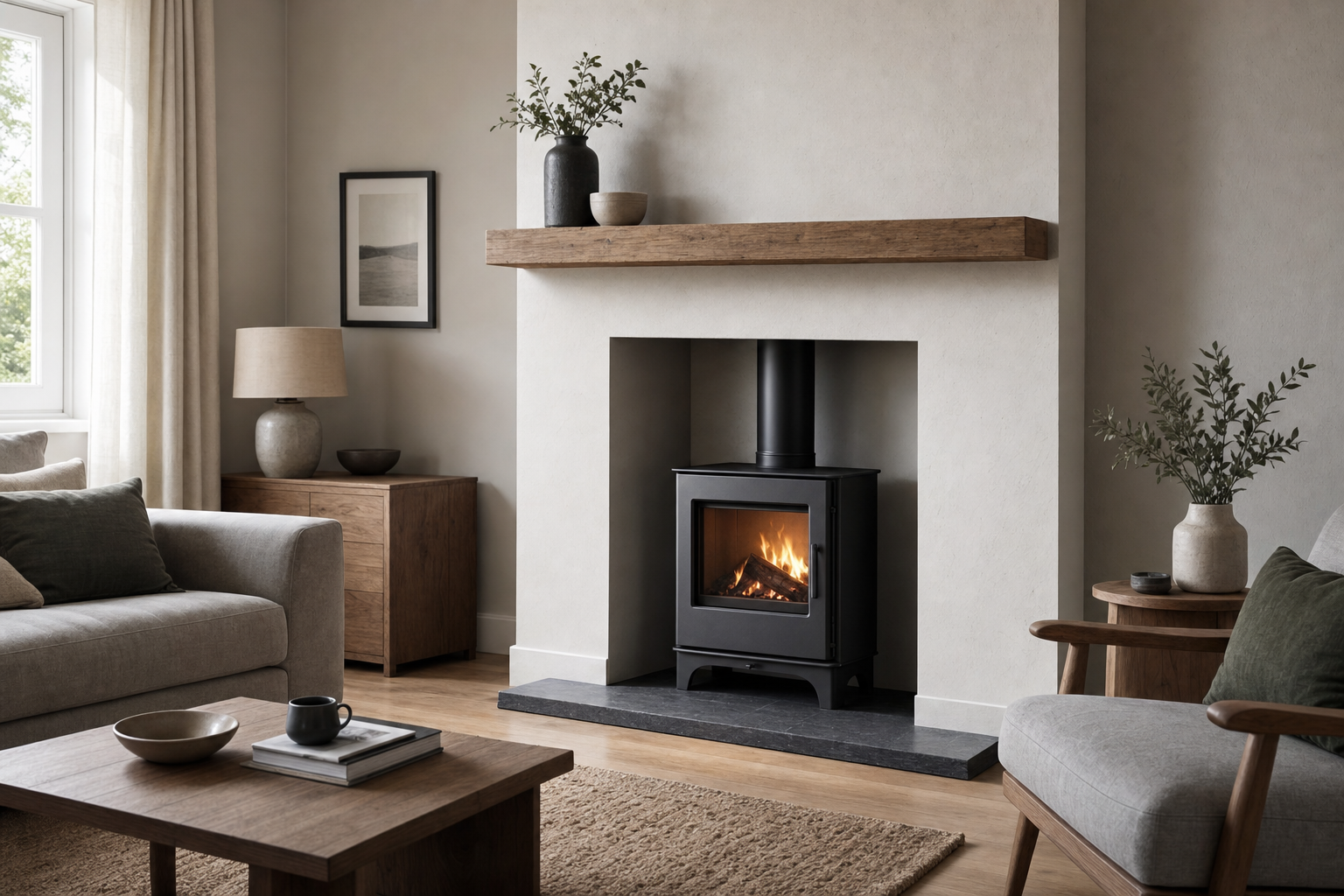Modern living room with a cosy wood-burning stove, neutral tones, and elegant wooden furnishings.