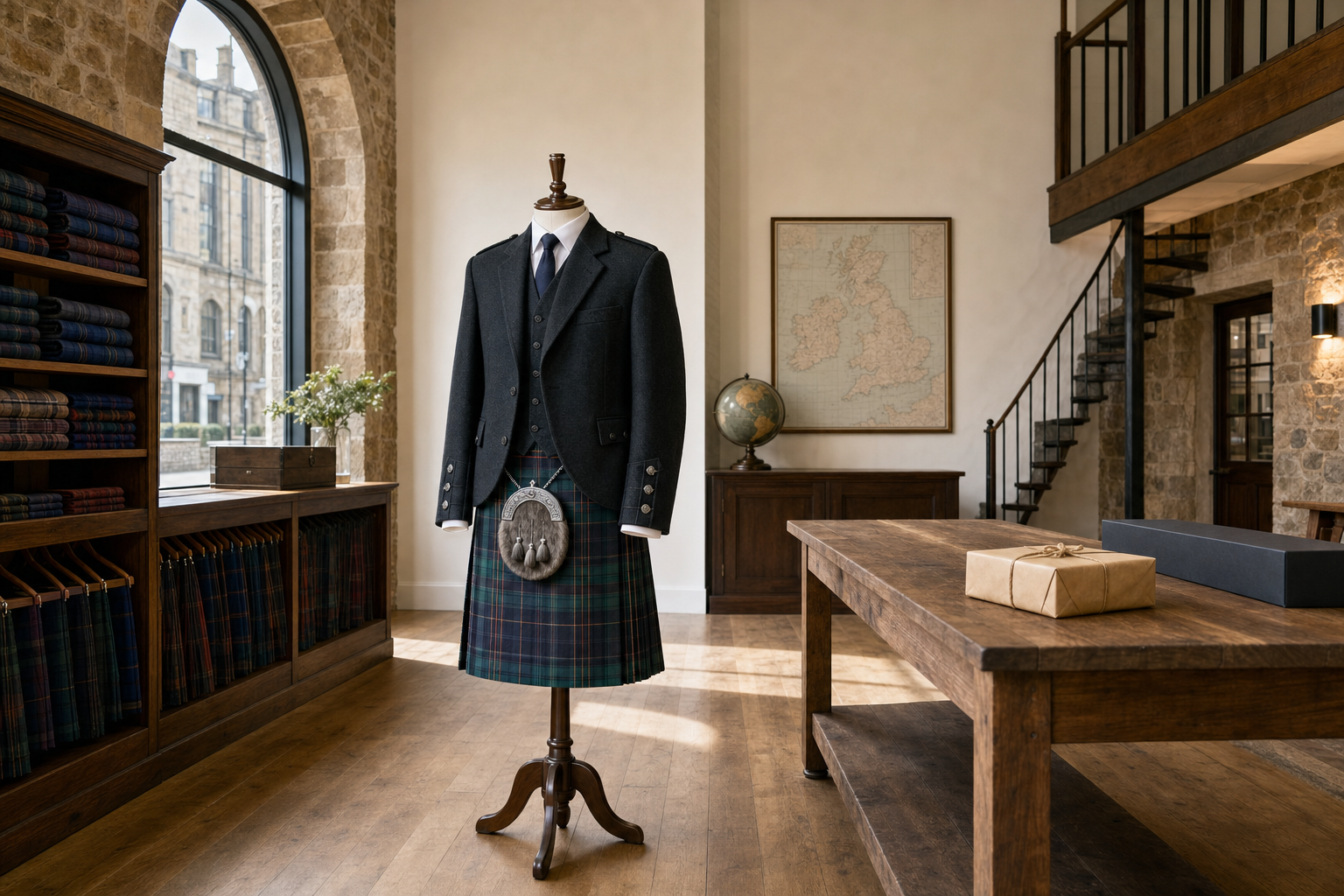 A mannequin displays a traditional Scottish kilt outfit in a stylish, rustic room.