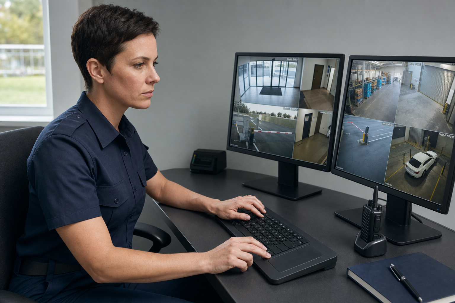 A security officer monitors multiple CCTV feeds on two screens in a control room.