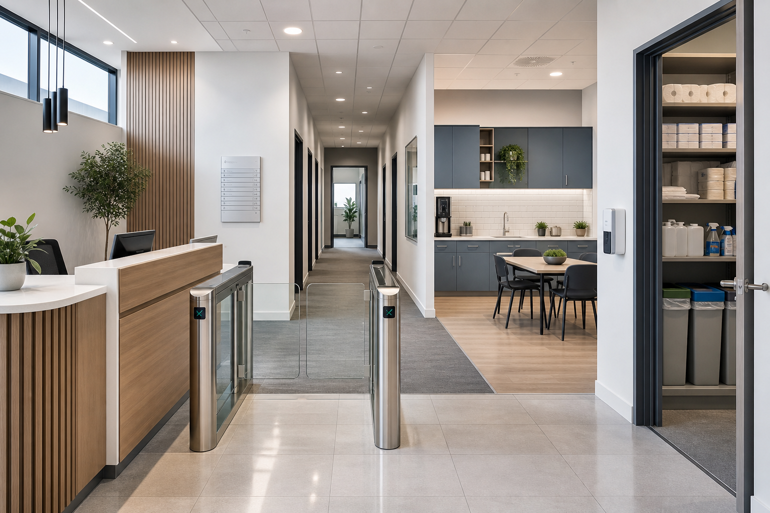 Modern office lobby with a reception desk, security gates, and open kitchen area featuring blue cabinets and a dining table.