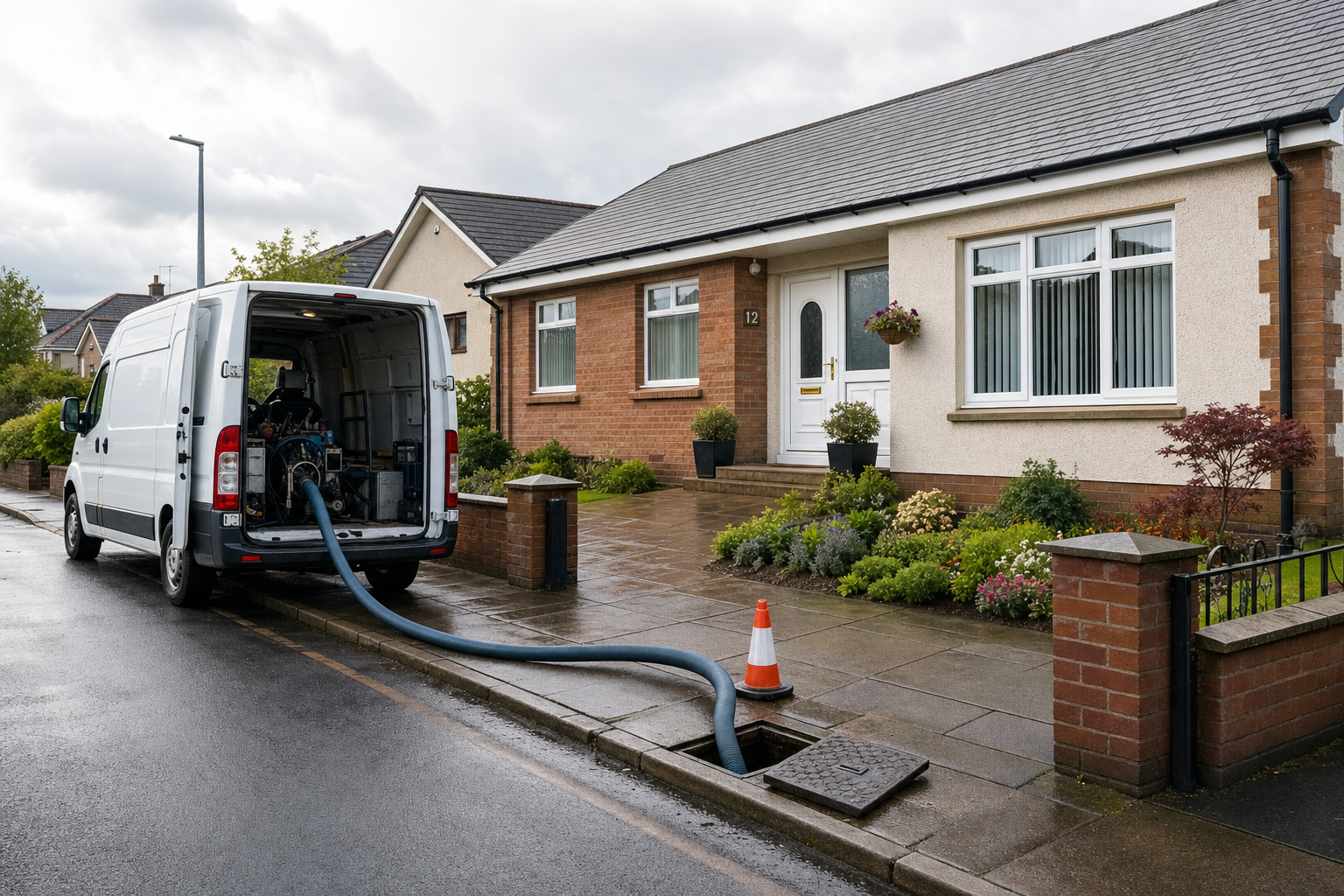 A van is parked on a residential street with a hose connected to an open drain on a rainy day.