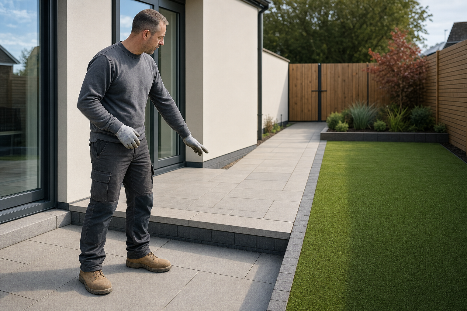 A man with gloves points at a newly tiled patio with artificial grass next to a modern house.