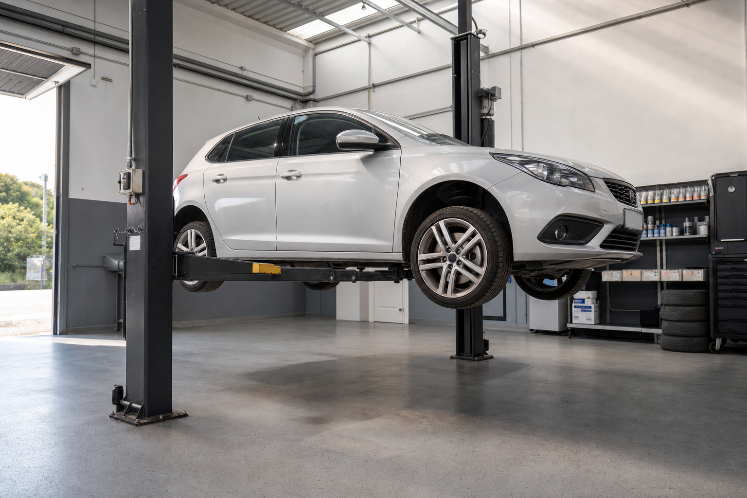 A white car is elevated on a hydraulic lift inside a garage workshop.