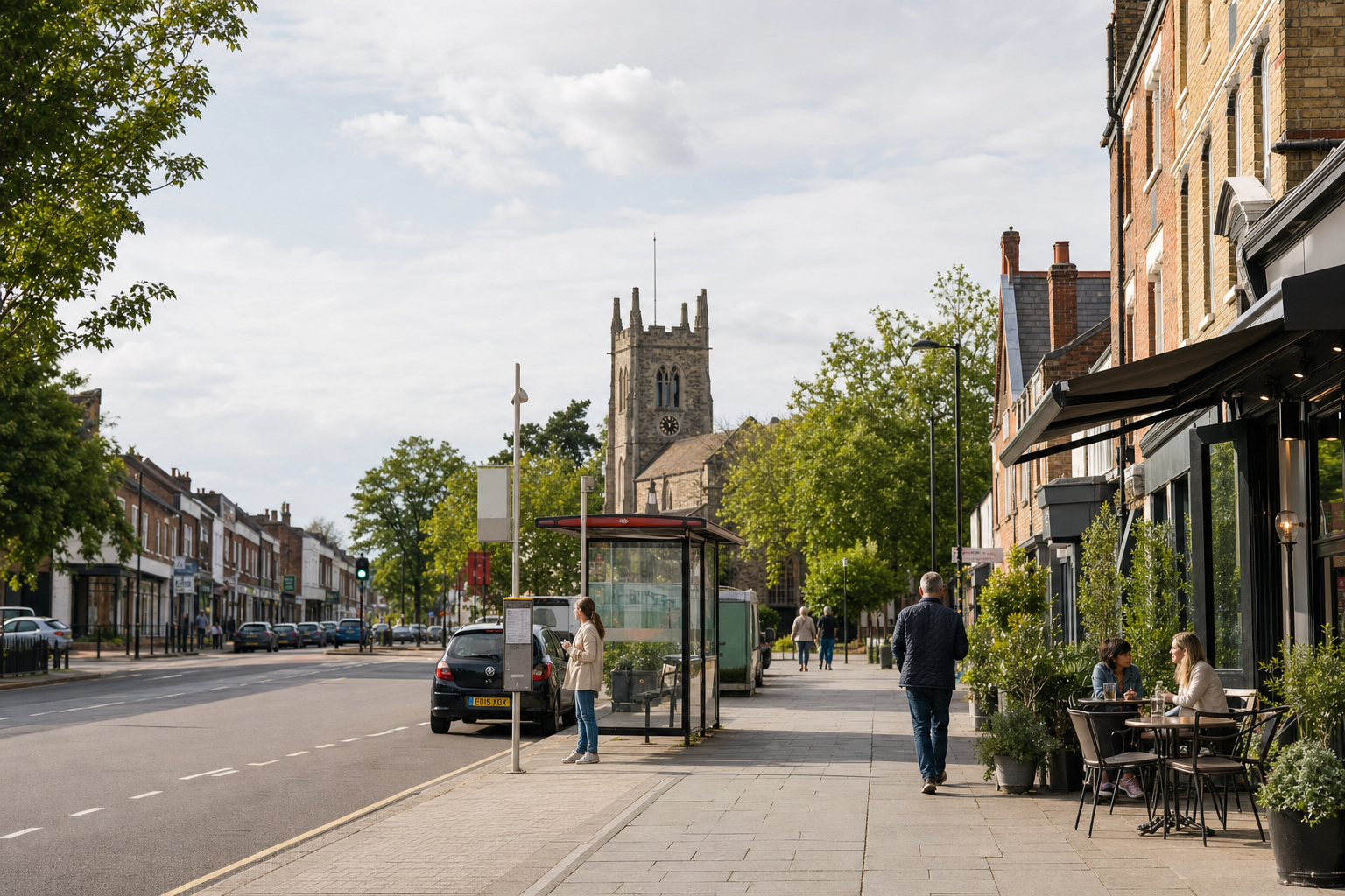 Pedestrian street with people, a bus stop, and a church tower in the background on a sunny day.