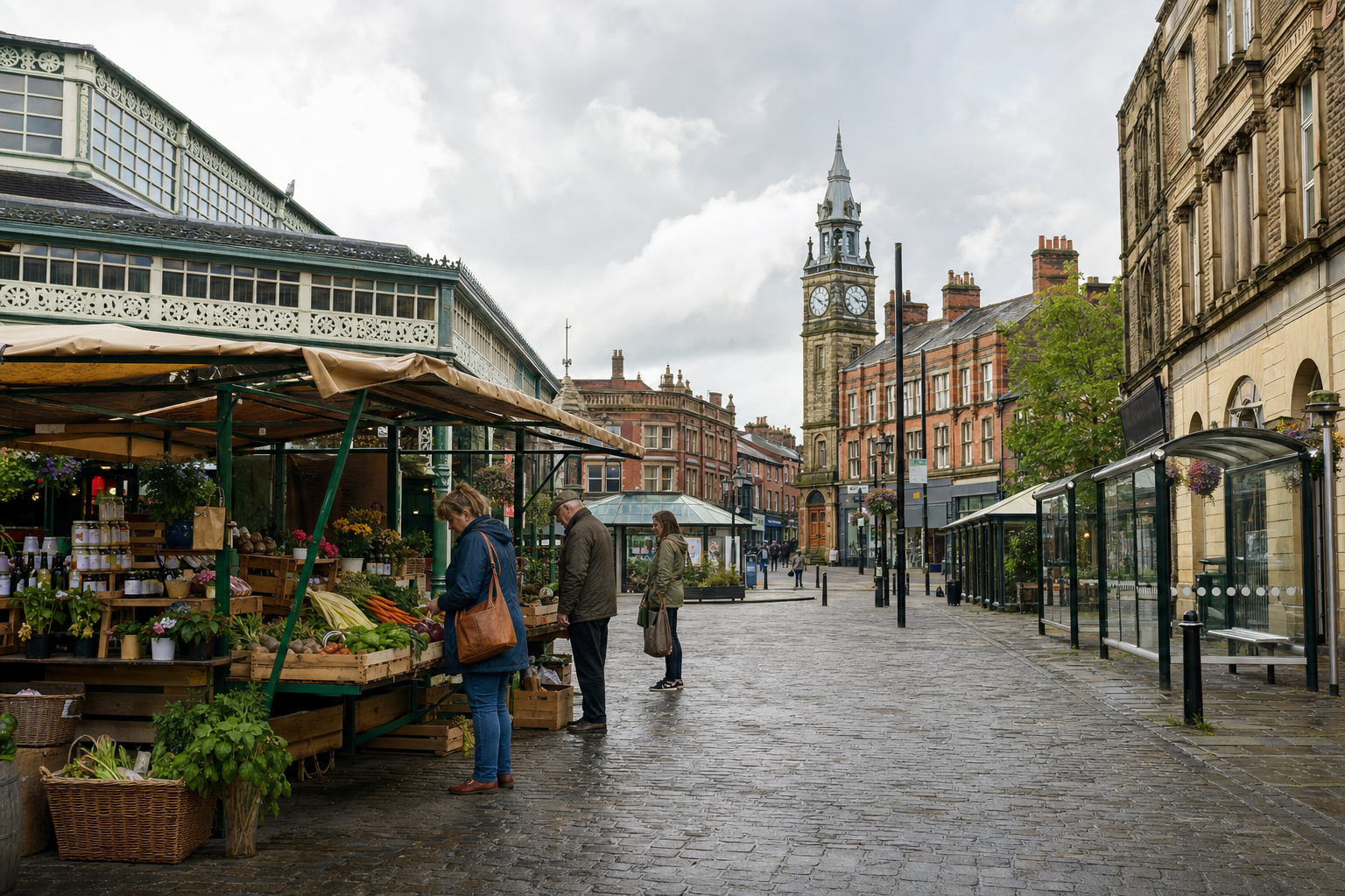 People browsing a market stall in a historic town square with a clock tower in the background.