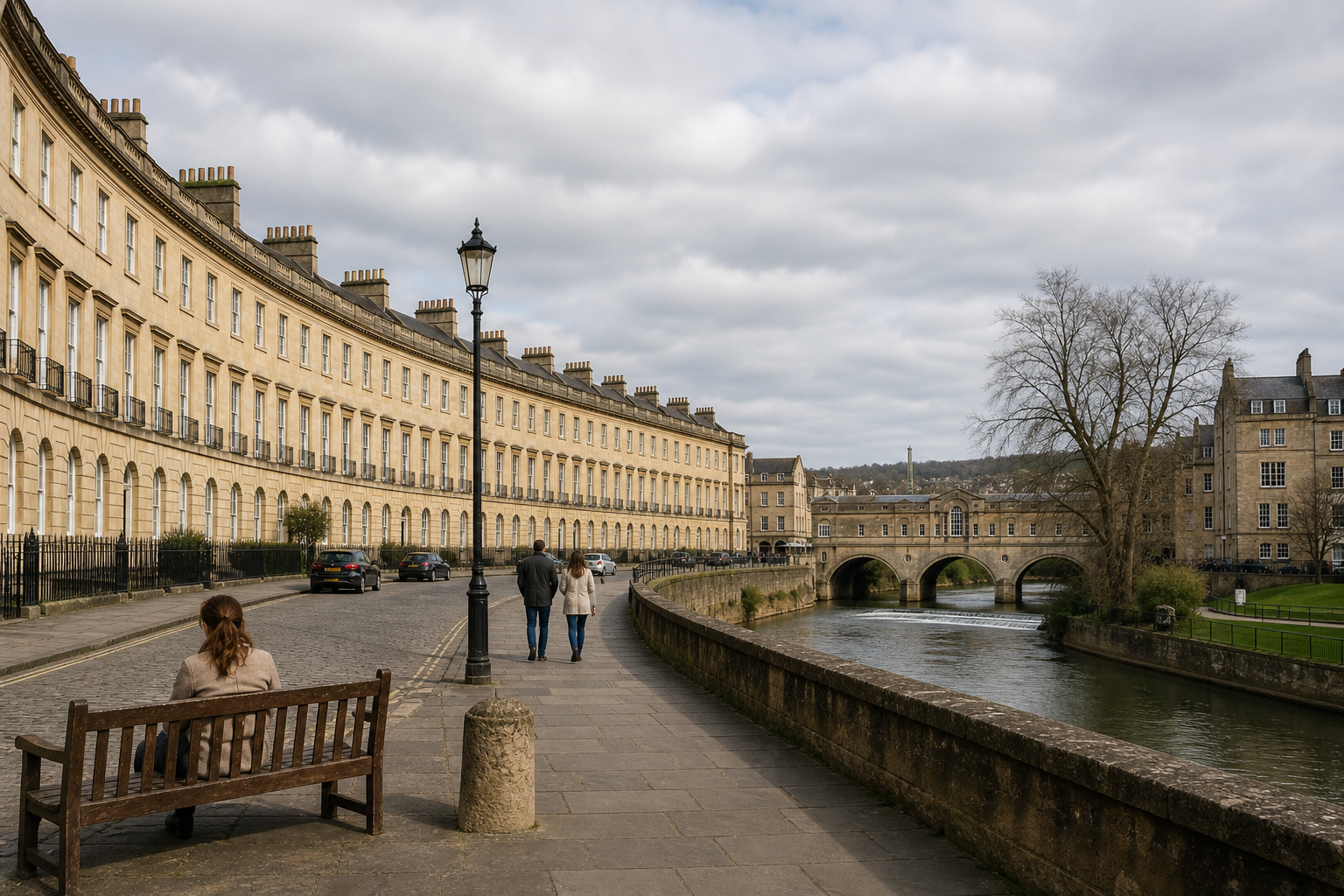 People walking by the Georgian architecture of the Royal Crescent in Bath, alongside the River Avon under a cloudy sky.