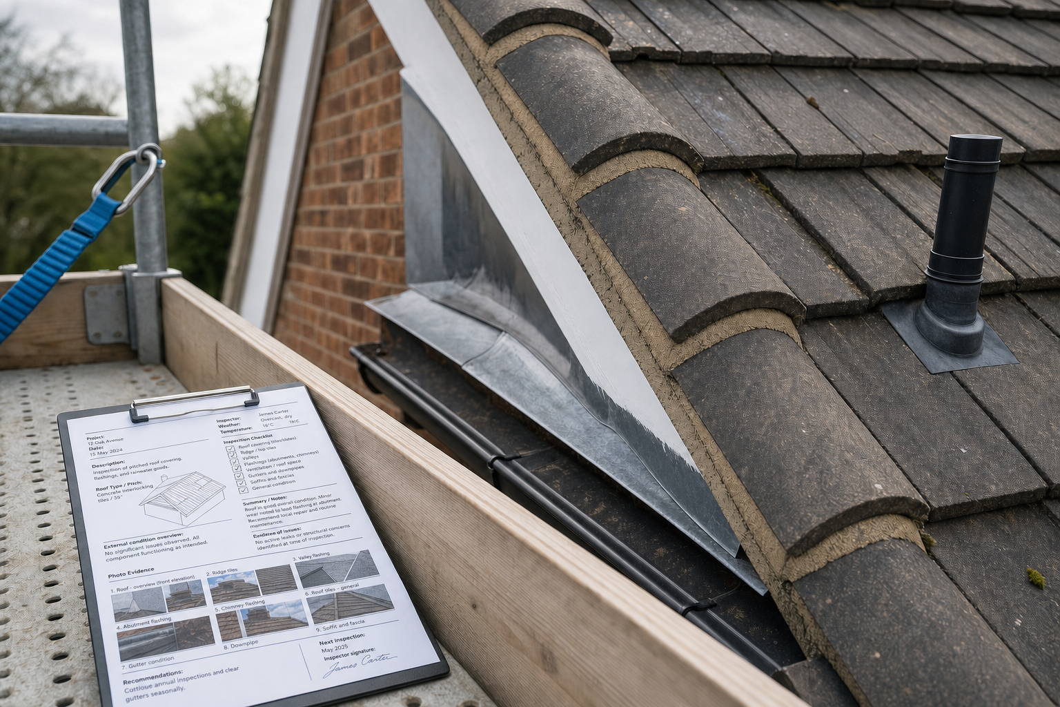 A detailed roof inspection report on a clipboard beside a pitched roof with tiles and a vent pipe.