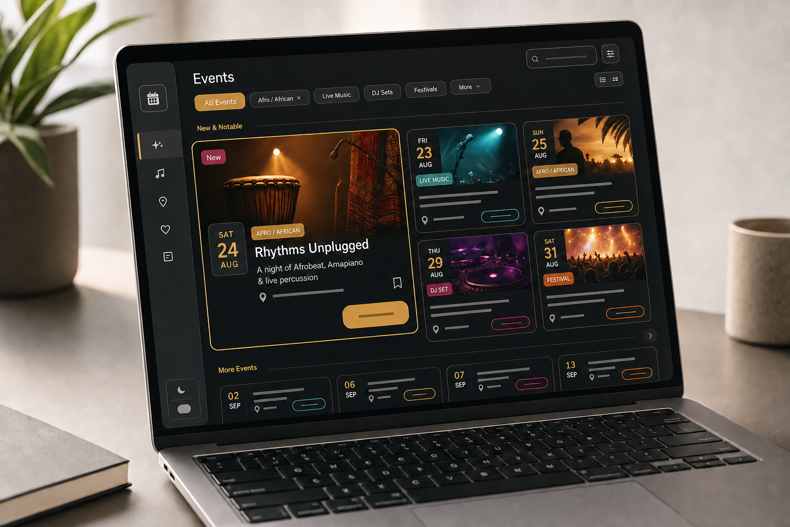 Laptop screen displaying an events calendar with highlighted music events, including Rhythms Unplugged on 24 August.