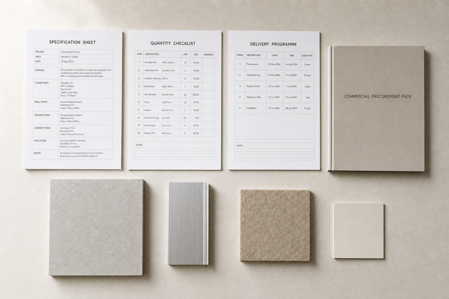 Procurement documents and material samples set against a neutral background for a commercial fit-out project.