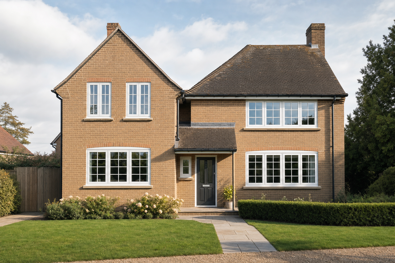 A two-storey brick house with white framed windows, a grey front door, and a well-kept lawn under a cloudy sky.