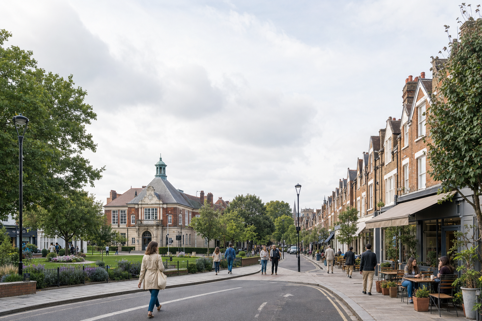 A street scene with people walking and dining beside a row of Victorian-style terraced houses and a historic building.