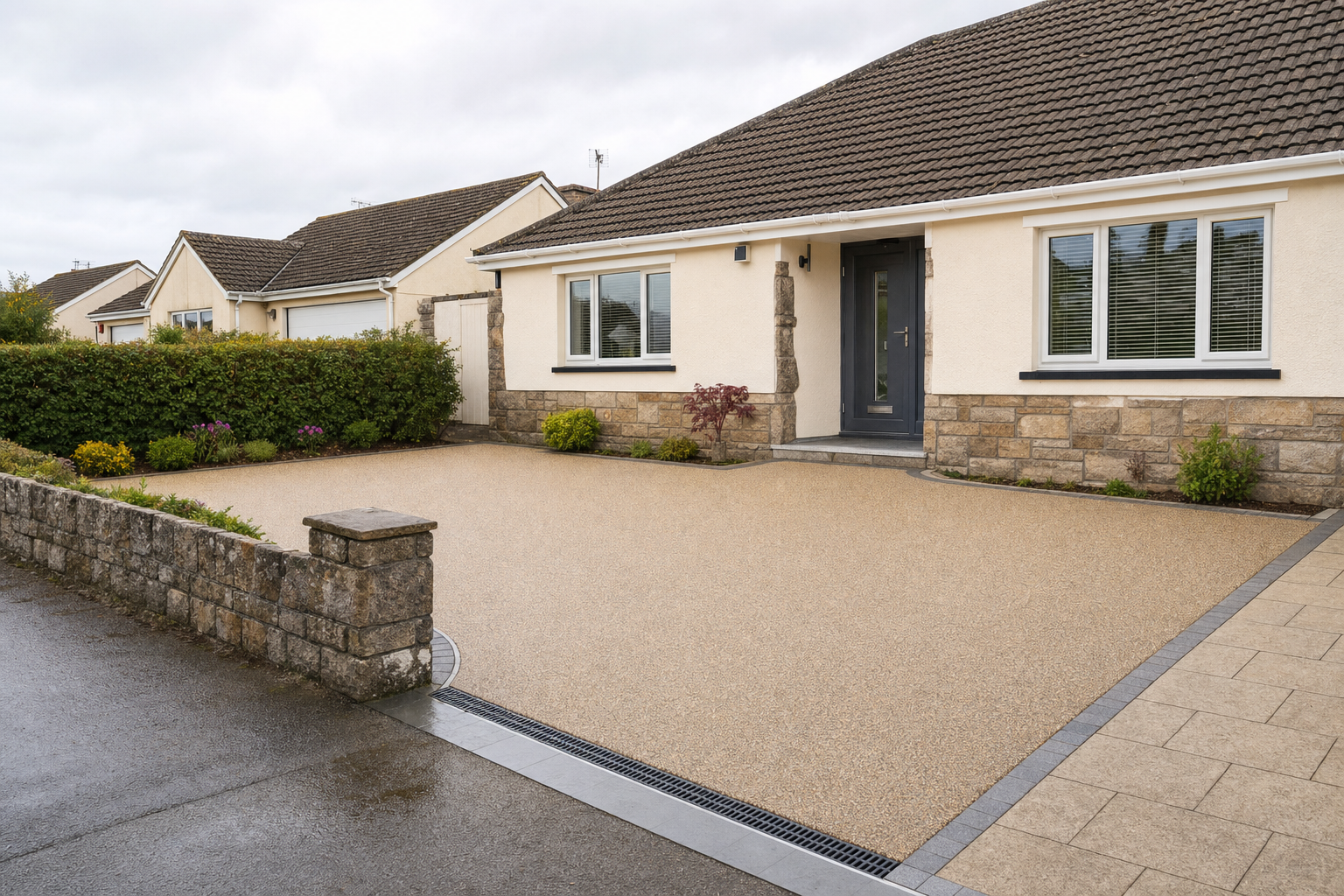 A neatly maintained bungalow with a stone facade and a fresh resin-bound driveway on an overcast day.