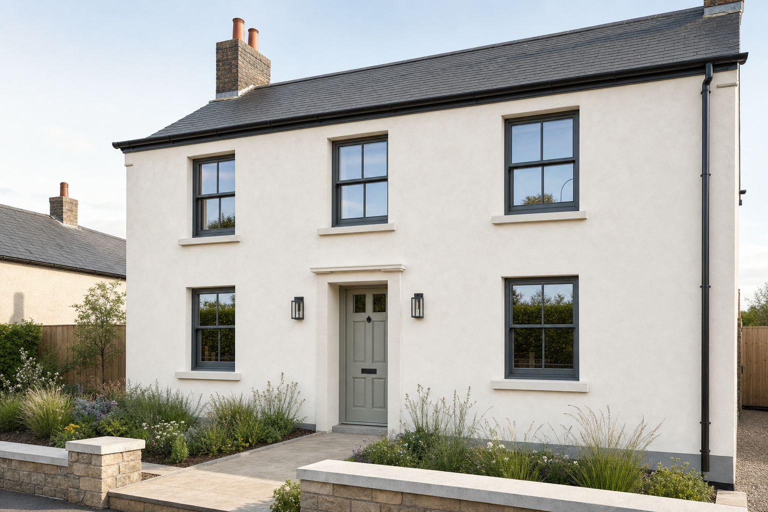 Two-storey cream-coloured house with black-framed windows, a grey door, and a small front garden.